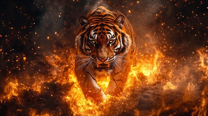 A fierce tiger with stripes glowing like molten lava emerges from a sea of flames, radiating power and intensity