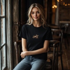 Fototapeta premium Beautiful Blonde Woman Wearing Black T Shirt with Floral Design Sitting on Vintage Chair