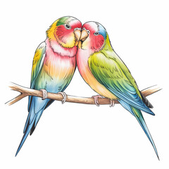 Two lovebirds perched on a branch, Colored pencil illustration
