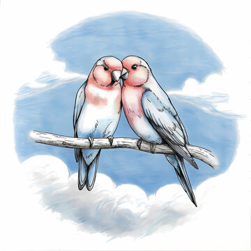 recommend clip art: Two lovebirds perched on a branch, Colored pencil illustration
