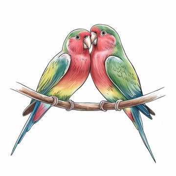 recommend clip art: Two lovebirds perched on a branch, Colored pencil illustration