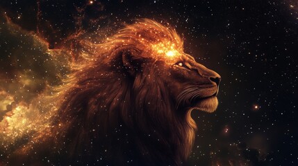 A lion's mane, illuminated by the glow of galaxies and stardust, creates a celestial aura in a starry night sky