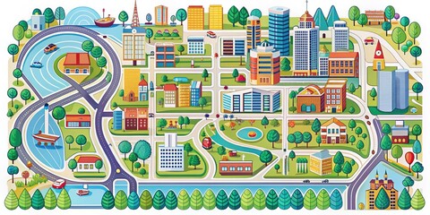Colorful, detailed illustration of a city's urban plan, showcasing roads, buildings, parks, and infrastructure, with precise lines and vibrant colors on a white background.