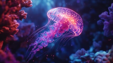 Obraz premium A bioluminescent jellyfish glides gracefully through an underwater realm, surrounded by glowing corals and exotic sea creatures