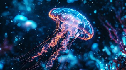 Fototapeta premium In a magical underwater universe, a jellyfish with radiant bioluminescence drifts through a landscape of glowing corals and exotic sea creatures