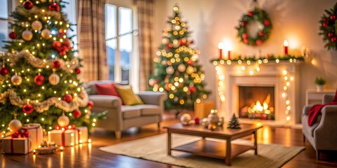 Blurred living room scene featuring Christmas decorations in the background