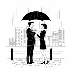 Two people sharing an umbrella in the rain, Flat vector illustration
