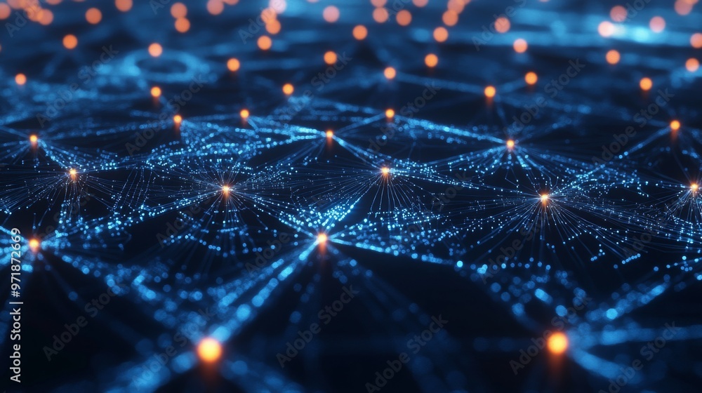Aufkleber vibrant digital illustration of a network with interconnected nodes and colorful light emissions aga