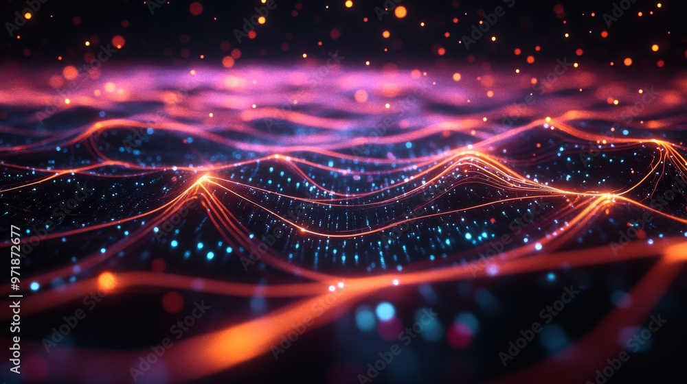 Poster network with interconnected nodes and colorful light emissions against a dark background.