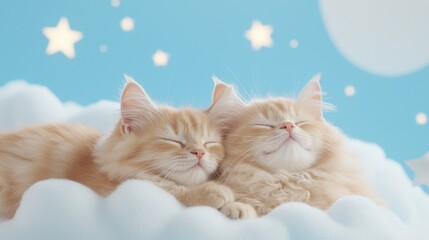 Adorable Kittens Sleeping on Fluffy Clouds with Starry Sky