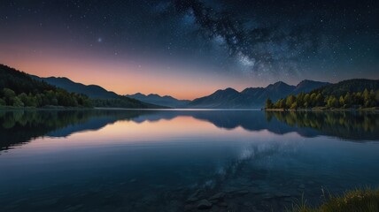 realistic landscape illustration of a lake, mountains, and a beautiful sky