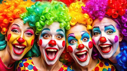 Obraz premium Colorful, exaggerated, and whimsical clown faces with bright red noses, painted-on smiles, and vibrant wigs, expressing a range of emotions from joy to mischief.