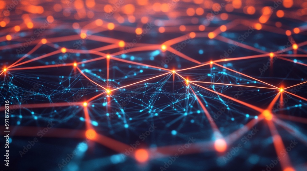 Fototapete an illuminated network diagram with connected nodes and bursts of colorful light on a dark backgroun