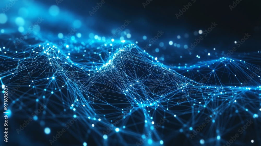 Poster a network illustration with vibrant, interconnected nodes and beams of light over a shadowed backgro