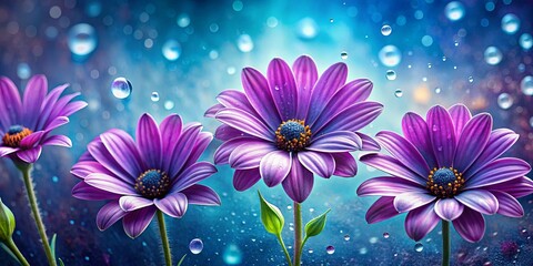 Obraz premium Vibrant painting of purple flowers on blue background with water droplets, perfect for botanical-themed designs