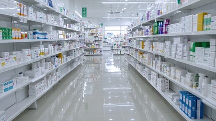 Obraz premium Pharmacy Interior with Shelves of Medicine Boxes