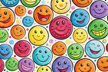 Fototapeta premium Colorful, hand-drawn smiley faces of varying sizes and emotions scattered across a white background, showcasing a playful and optimistic atmosphere with bold lines and bright colors.