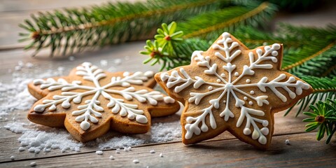 Two festive snowflake Christmas cookies on a table
