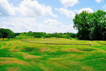 Macon, Georgia, USA- 07 20 2024: The landscape of Ocmulgee Mounds National Historical Park