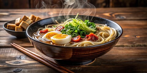 Steaming hot, the bowl erupts with aromatic flavors, a medley of tender noodles, juicy toppings, and savory broth,