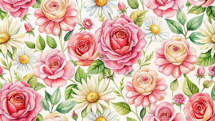 Watercolor painting of seamless rose and daisy floral pattern