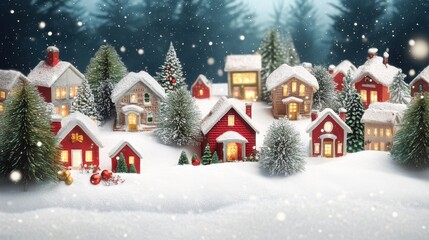 Obraz premium Festive Christmas Village Illustration on White Background, Charming Holiday Scenes with Snow, Trees, and Lights