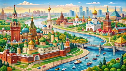 Colorful illustration of Moscow's city map, featuring iconic landmarks, streets, and waterways, highlighting Russia's vibrant capital city in the heart of Eastern Europe.