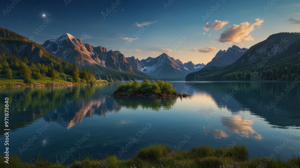 Wall mural realistic landscape illustration of a lake, mountains, and a beautiful sky