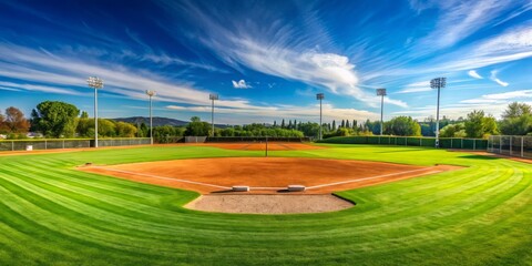 The baseball diamond's emerald grass and weathered dirt infield stretch out beneath the brilliant blue sky, a tranquil