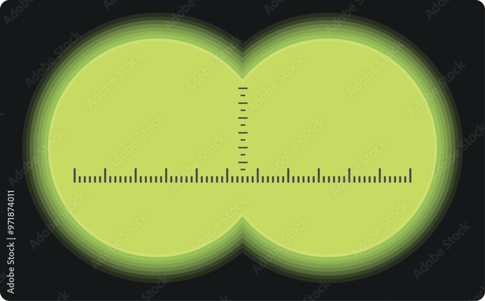 Poster view from binoculars with measuring scale focusing on target on black background