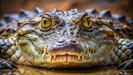 Fototapeta premium The crocodile's piercing gaze meets the camera's lens, its scaly skin glistening in the light as it surveys