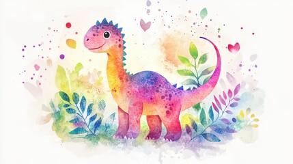 Playful Dinosaur Watercolor Illustration with Bright and Cheerful Hues Exuding Cuteness and Artistic Flair