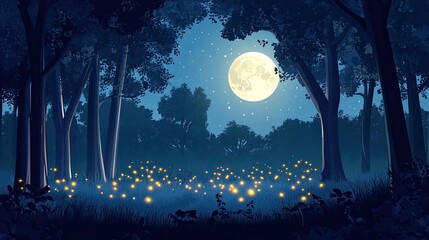 Moonlight Illuminates a Forest Floor with Fireflies