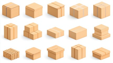 Fototapeta premium Cardboard Boxes Set Isometric View Shipping Package Delivery Package Design