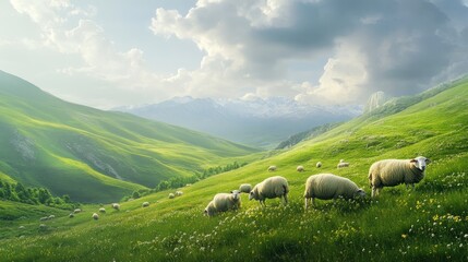 Idyllic Pastoral Scene with Sheep Grazing on Green Hillside in PNG Countryside - Serene Rural Landscape Photography
