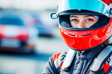A woman wearing a red helmet is standing in front of a car