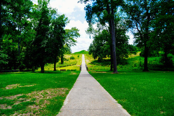 Macon, Georgia, USA- 07 20 2024: The landscape of Ocmulgee Mounds National Historical Park