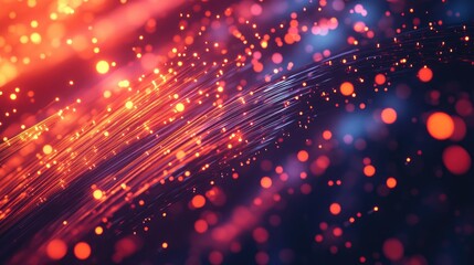 Fototapeta premium A vibrant abstract image featuring glowing red and orange fiber optic lights in motion, with dynamic bokeh effects against a dark background.