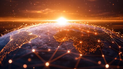 A futuristic view of a global digital network, with glowing nodes and connections spanning the globe, illuminated by a rising sun in the background.