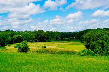 Macon, Georgia, USA- 07 20 2024: The landscape of Ocmulgee Mounds National Historical Park