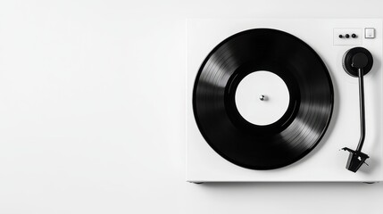 White Turntable with Black Vinyl Record on White Background