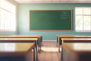 Blur background of interior design of empty classroom with blackboard. Empty classroom with desk, chair and blackboard at school. No people. Cartoon style. Education concept. Back to school. Spate, ai
