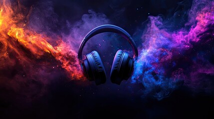 A dynamic image of headphones surrounded by vibrant orange, purple, and blue sound waves.
