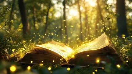 Obraz premium An open book glows with golden magic in a mystical forest, with tiny sparkles and light particles surrounding the pages.