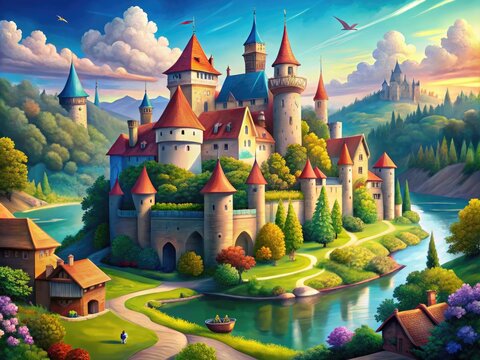 Colorful, whimsical illustrations of medieval castles with turrets, towers, and grand halls, surrounded by lush greenery, rolling hills, and sparkling water bodies in idyllic landscapes.