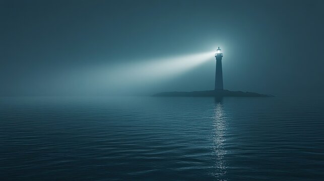 A solitary lighthouse emits a bright beam of light through dense fog over calm waters.