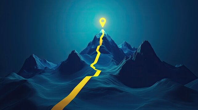 A glowing path leads to a destination pin atop a mountain peak, symbolizing goal achievement, direction, and progress.
