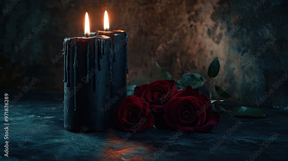 Wall mural Two lit black candles alongside red roses create a moody, gothic atmosphere.