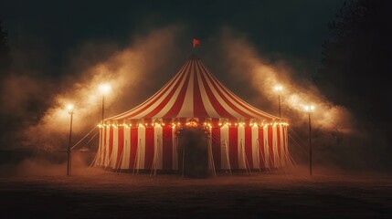 A red and white circus tent stands illuminated by dim lights in a foggy, eerie night.