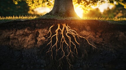 A cross-section of a tree showing its roots spreading underground.